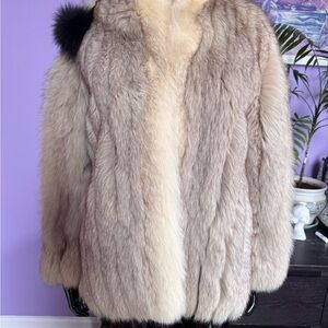 Silver blue fox and white beige fox trim fur coat jacket